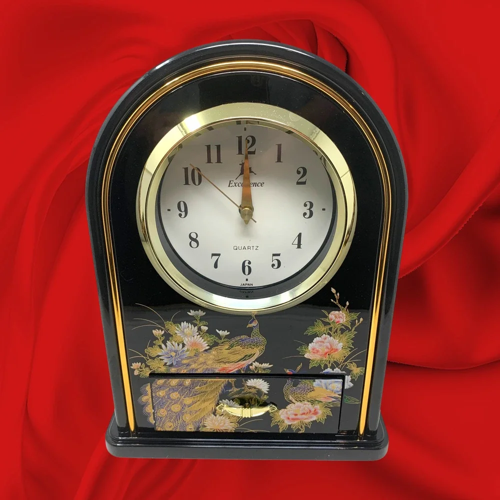 NEW Vintage 1980s Asian Black Acrylic Quartz Mantel Clock Drawer Boxed Japan